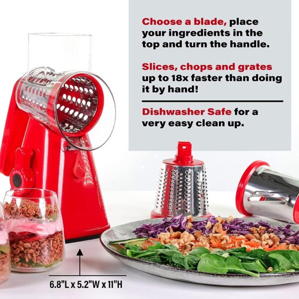 About this item 18X FASTER – Nutrislicer helps you to save time in slicing, chopping, or grating fruits and vegetables. With its spinning and rotating mandoline you can easily slice food 18 times faster than normal. SAFE AND SECURE – Nutrislicer has enhanced vaccumized base with manual latch that keeps it lock in place, so you can be sure that you won’t be hurt. MULTIFUNCTION – Nutrislicer comes with 3 stainless-steel drums where you can easily and perfectly grind, mince, shred, and slice cucumber, carrots, tomatoes, garlic, potato, onion, cheese. Perfect for making healthy homemade soups and scrumptious finger foods. EASY TO USE – This vegetables slicer includes Nutrislicer User Guide. The enforced spinning wheel rotates smoothly and easily so it requires less effort in grating, shredding, or slicing. EASY TO CLEAN AND STORE – Nutrislicer can be wash by hand or using the dishwasher so cleaning is a breeze. It is also small in size so it is space saver and can be store in your drawer or cabinet.