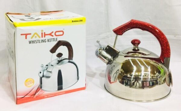 Introducing our beautifully designed 2.5-liter Whistling Kettle, the perfect addition to your kitchen. This kettle combines both style and functionality to enhance your daily tea or coffee rituals. **Product Features:** **Generous Capacity:** With a spacious 2.5-liter capacity, this kettle is perfect for serving multiple cups of your favorite hot beverages. Whether you're hosting guests or enjoying a peaceful moment by yourself, it has you covered. **Capsule Bottom:** The kettle is equipped with a capsule bottom, ensuring even heat distribution and efficient boiling. This feature guarantees a quicker and more energy-efficient boiling process. **Variety of Handle Colors:** Choose from a range of handle colors, including creamy white, teaky brown, and shiny maroon. Match your kettle to your kitchen decor and add a touch of personal style. **High-Quality Stainless Steel:** Crafted from high-quality stainless steel, this kettle is not only durable but also resistant to corrosion, ensuring longevity and performance. Elegant, efficient, and versatile, our 2.5-liter Whistling Kettle is designed to cater to your specific needs. Its stylish design and choice of handle colors make it a standout addition to your kitchen. Enjoy the convenience of even heat distribution and the satisfaction of brewing hot beverages with ease. Make a statement in your kitchen with this high-quality stainless steel kettle, where style meets practicality.