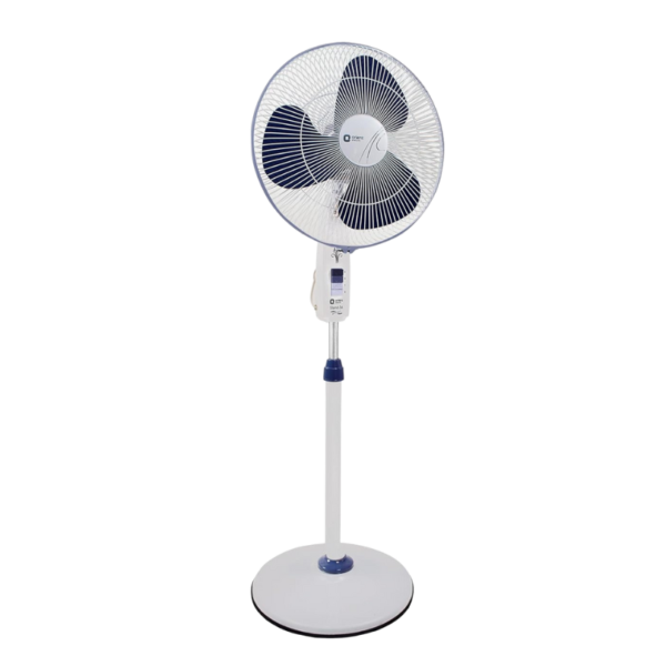 Model Name Stand 34 Volts/Freq 220-240 V, 1-ph, AC, 50Hz Test Voltage 230V, 1-ph, AC, 50Hz Standing Voltage Max. 187 Volts at 1st Step Air Delivery (m3/hr) 5040 Speed Regulation 3 speed & off position Angle of osscillation 90 (Approx) Blade material Metal – aluminium Special Features Copper Wire Winding Motor protection with Thermal overload protection device with auto reset Powder coated guard gives extra protection & longer life Sintered Bronze bush Telescopic arrangement for height adjustment Fan colour Crystal White & Azure Blue