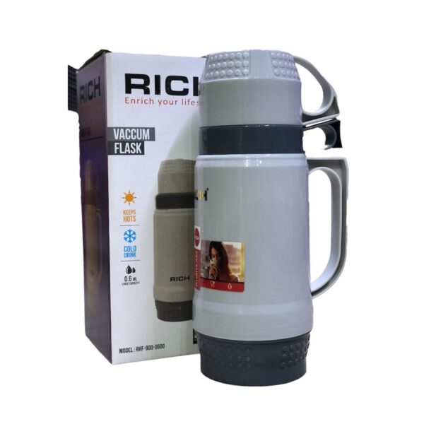 vacuum flask, double cup flask, glass insulated flask, rich brand flask, hot and cold flask, travel flask, 1 liter vacuum flask, 0.6 liter flask, food grade plastic flask, sri lanka flask, durable vacuum flask, portable flask, tea and coffee flask, beverage flask