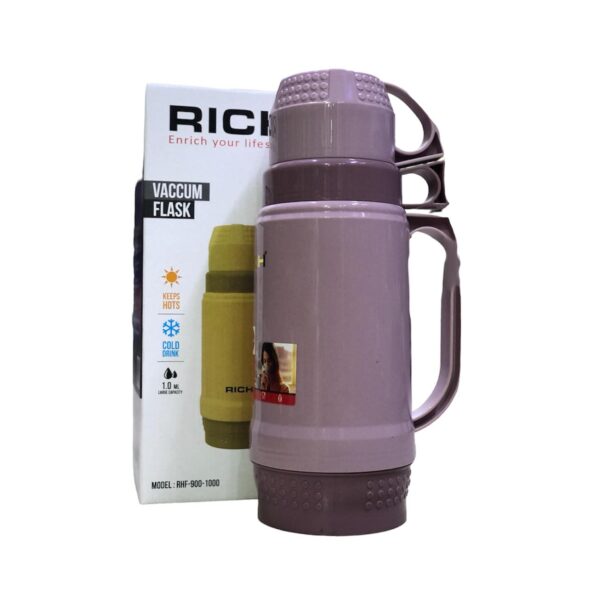 Rich Double Cup Vacuum Flask – Glass Insulation, Food Grade Plastic, 1L and 0.6L Sizes, Hot and Cold Retention, Ideal for Travel and Daily Use in Sri Lanka