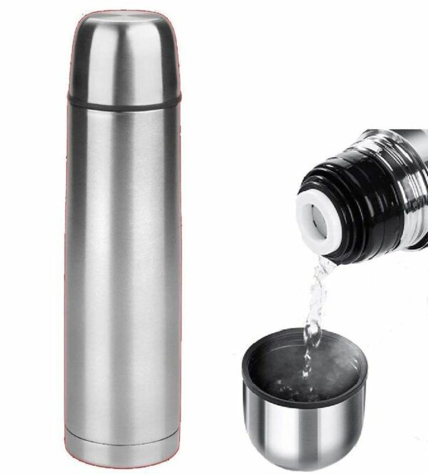 Stainless steel vacuum flask with double-wall insulation, twist-and-pour stopper, insulated serving cup, and durable unbreakable design for hot and cold beverages, ideal for travel and daily use in Sri Lanka