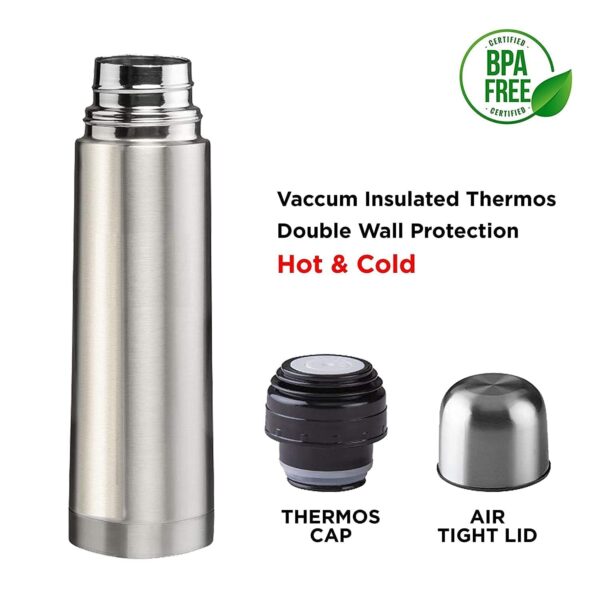 Stainless steel vacuum flask with double-wall insulation, twist-and-pour stopper, insulated serving cup, and durable unbreakable design for hot and cold beverages, ideal for travel and daily use in Sri Lanka