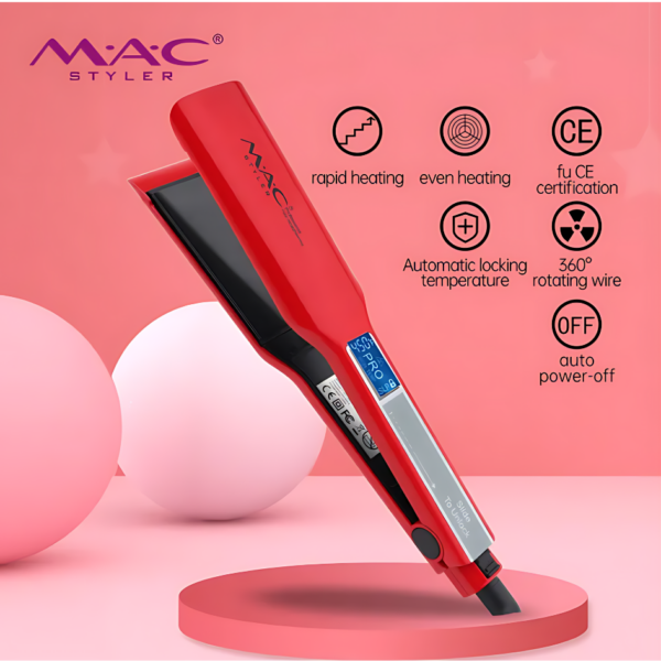 MAC Styler Professional LCD Hair Straightener MC-2028 Ceramic Red – 4.5cm Wide Plates, Wet and Dry Function, 450°F, Available at trontronics.lk Sri Lanka