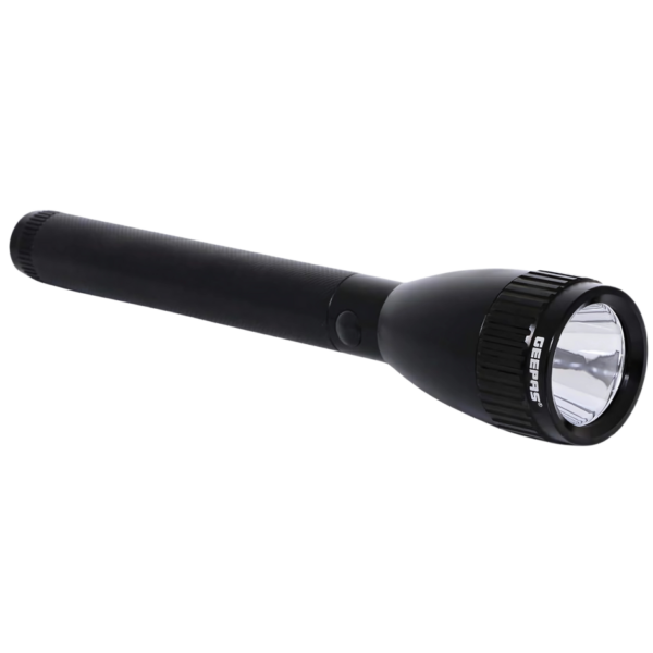 Geepas GFL3894 Rechargeable LED Flashlight – 2000-meter range, anodized aluminum body, bright cool white LED, perfect for outdoor activities and emergencies in Sri Lanka.