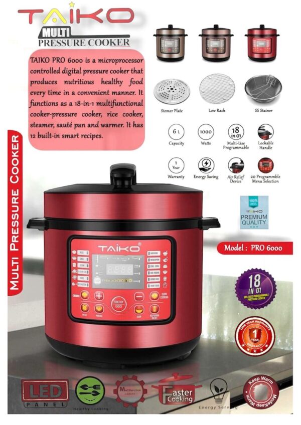 Taiko PRO 6000 Digital Pressure Cooker – 18-in-1 multi-functional cooker with 12 smart recipes, stainless steel body, and LED display. Ideal for healthy, fast cooking in Sri Lanka.